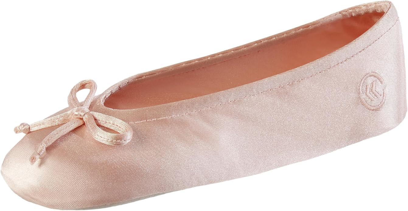 Isotoner Women's Satin Ballerina Slippers with Classic Ribbon Bow and Suede Sole | Amazon (US)