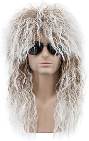 Karlery Men and Women Long Curly Brown Gradient White Wig 70s 80s Rocker Mullet Party Funny Wig Cost | Amazon (US)