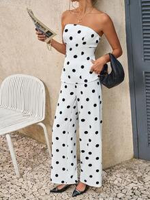 Cévolie Women's Retro Polka Dot Print Sleeveless Backless Crop Top And Pants Set, Spring/Summer | SHEIN