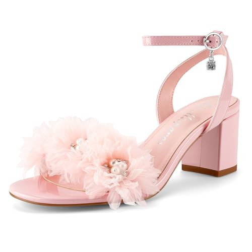 Oh Mispares Block Heel Sandals for Women Flower Pearl Heels Round Open Toe Ankle Strap Pink Elegant Heeled Sandals for Wedding Party Dressy(Pink, Size 7) | Amazon (US)