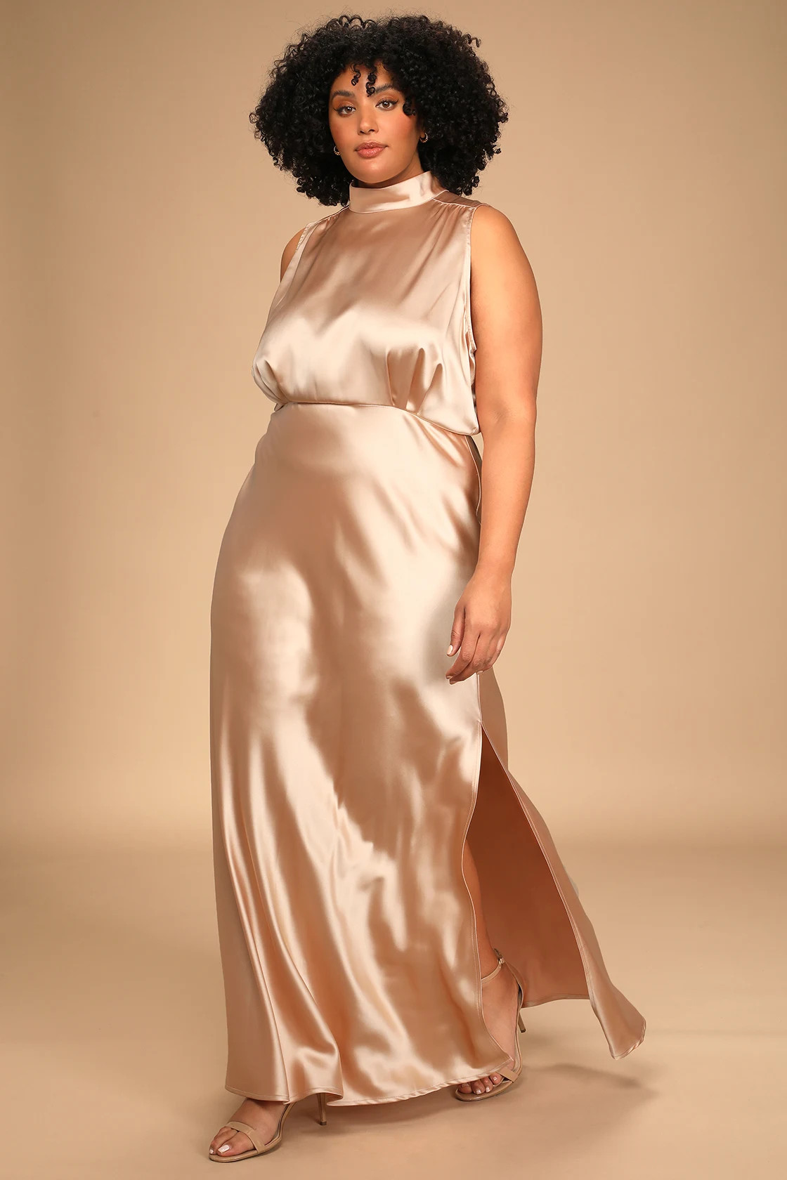Classic Elegance Blush Satin Sleeveless Mock Neck Maxi Dress | Lulus (US)