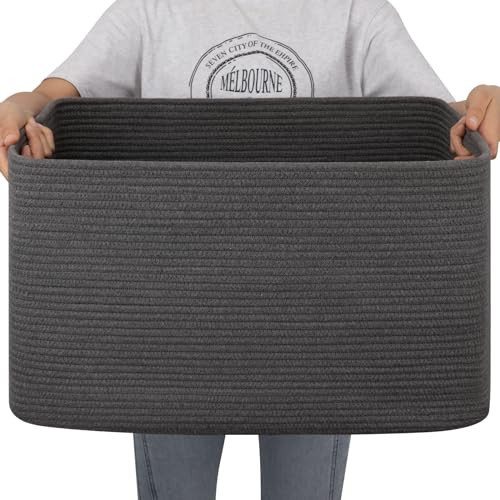 OIAHOMY Large Blanket Basket,Storage Basket with Handle, Blanket Basket for Living Room, Rectangle Woven Cotton Rope Basket for Bedroom, Toy Baskets Organizer Bins, 22" x 17" x 12" in, Dark Grey | Amazon (US)