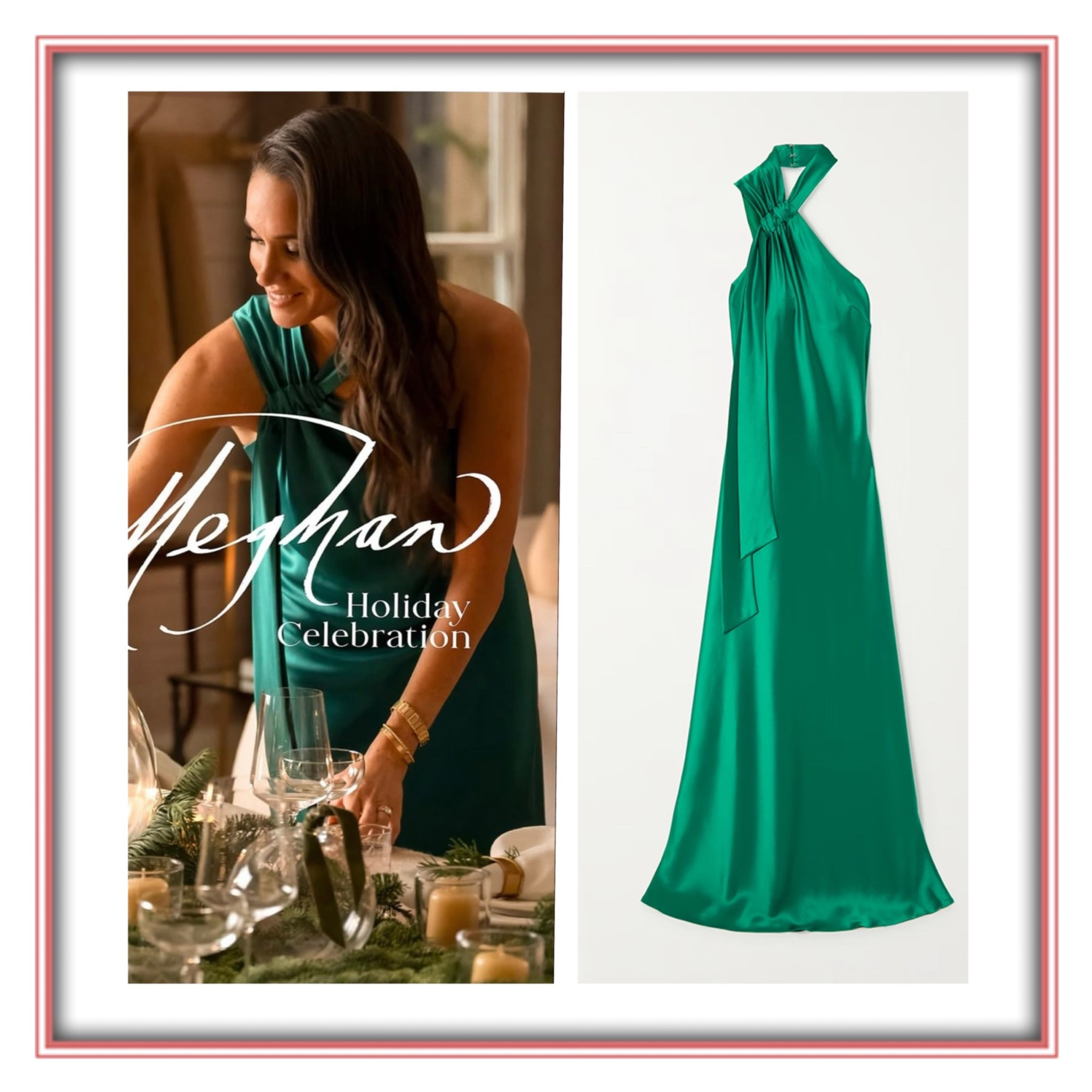 Meghan Markle in the promotional picture for her With Love Meghan holiday special wearing Galvan Ushuaia satin tieneck gown in emerald green 
📸 Netflix 