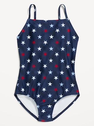Printed Square-Neck Lattice-Back One-Piece Swimsuit for Girls | Old Navy (US)