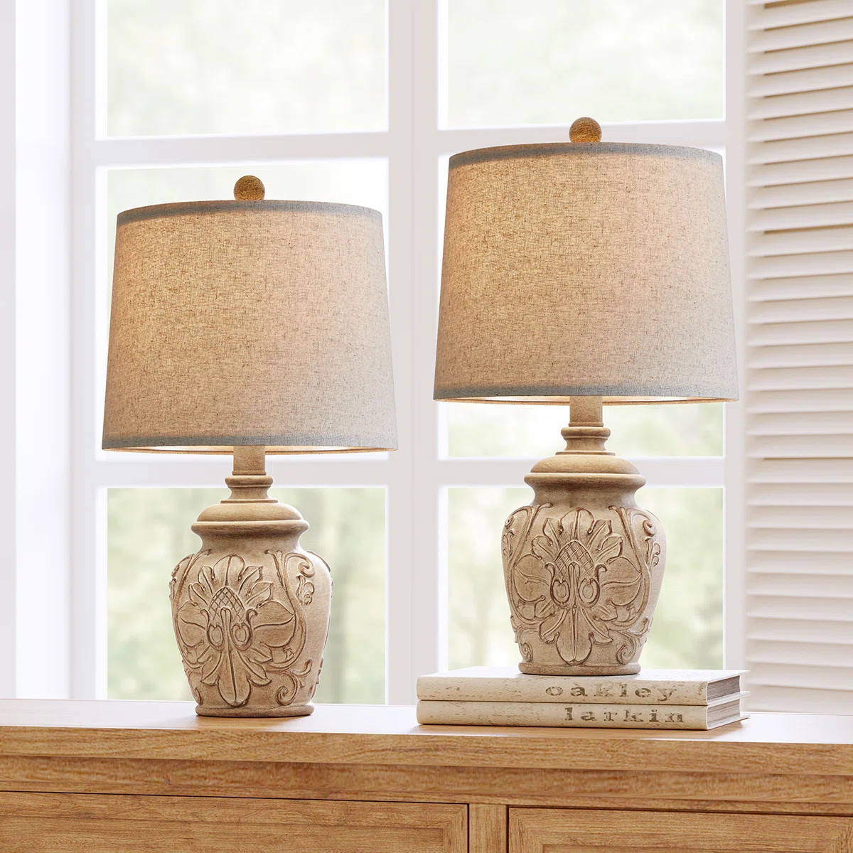 Dolans 18.75＂light brown retro country carved floral living room bedroom bedside lamp | Wayfair North America