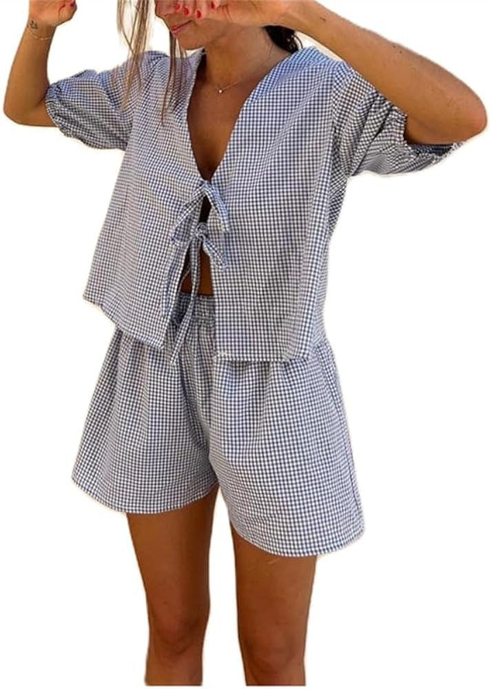 Thopavenoir Women 2 Piece Plaid Pajamas Sets Puff Short Sleeve Tie Front Babydoll Shirt +Wide Leg... | Amazon (US)