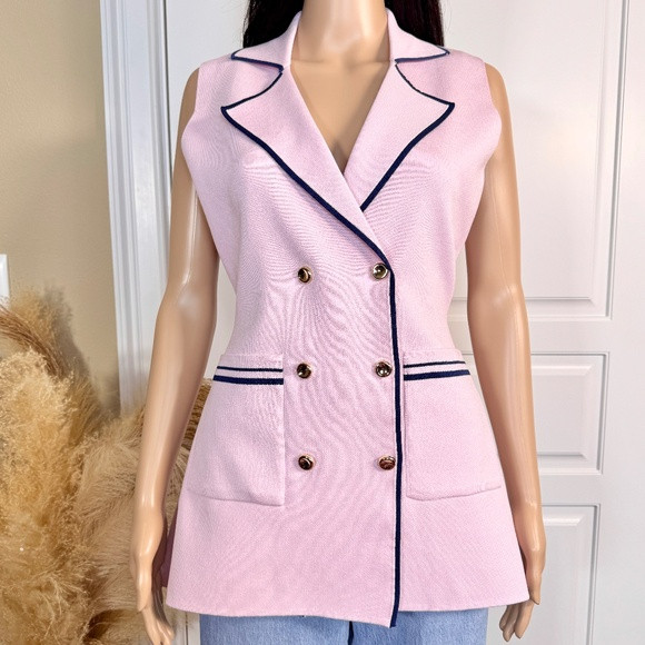 LIGHT PINK BLAZER VEST WITH NAVY BLUE TRIMMING AND POCKETS | Poshmark