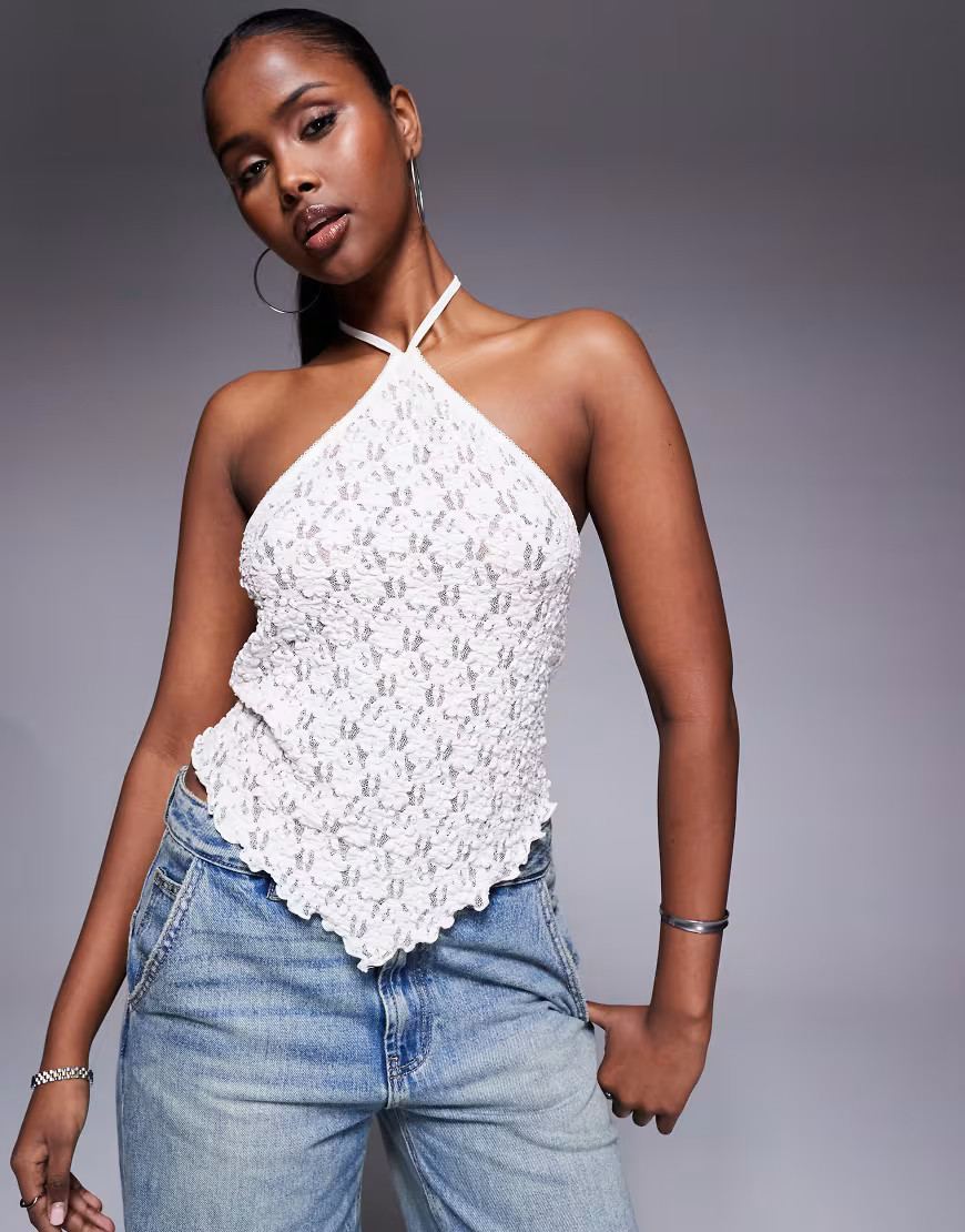 ASOS DESIGN lace tie halter top with hanky hem in ivory-White | ASOS (Global)