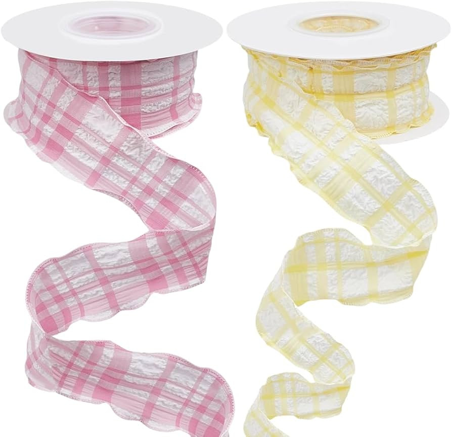 2 Rolls 20 Yards 1.5 Inch Pink Yellow Plaid Ribbon Double Ruffle Edge Pleated Pastel Chiffon Buff... | Amazon (US)