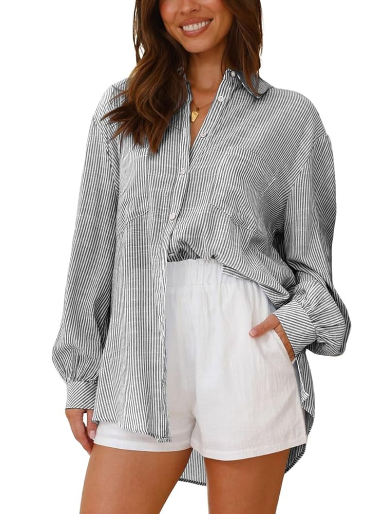 Neweek Womens Button Down Boyfriend Striped Shirts Long Sleeve Cotton Work Office Loose Blouses T... | Amazon (US)