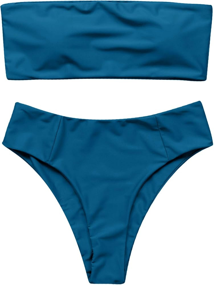 OMKAGI Women's 2 Pieces Bandeau Bikini Swimsuits Off Shoulder High Waist Bathing Suit High Cut | Amazon (US)