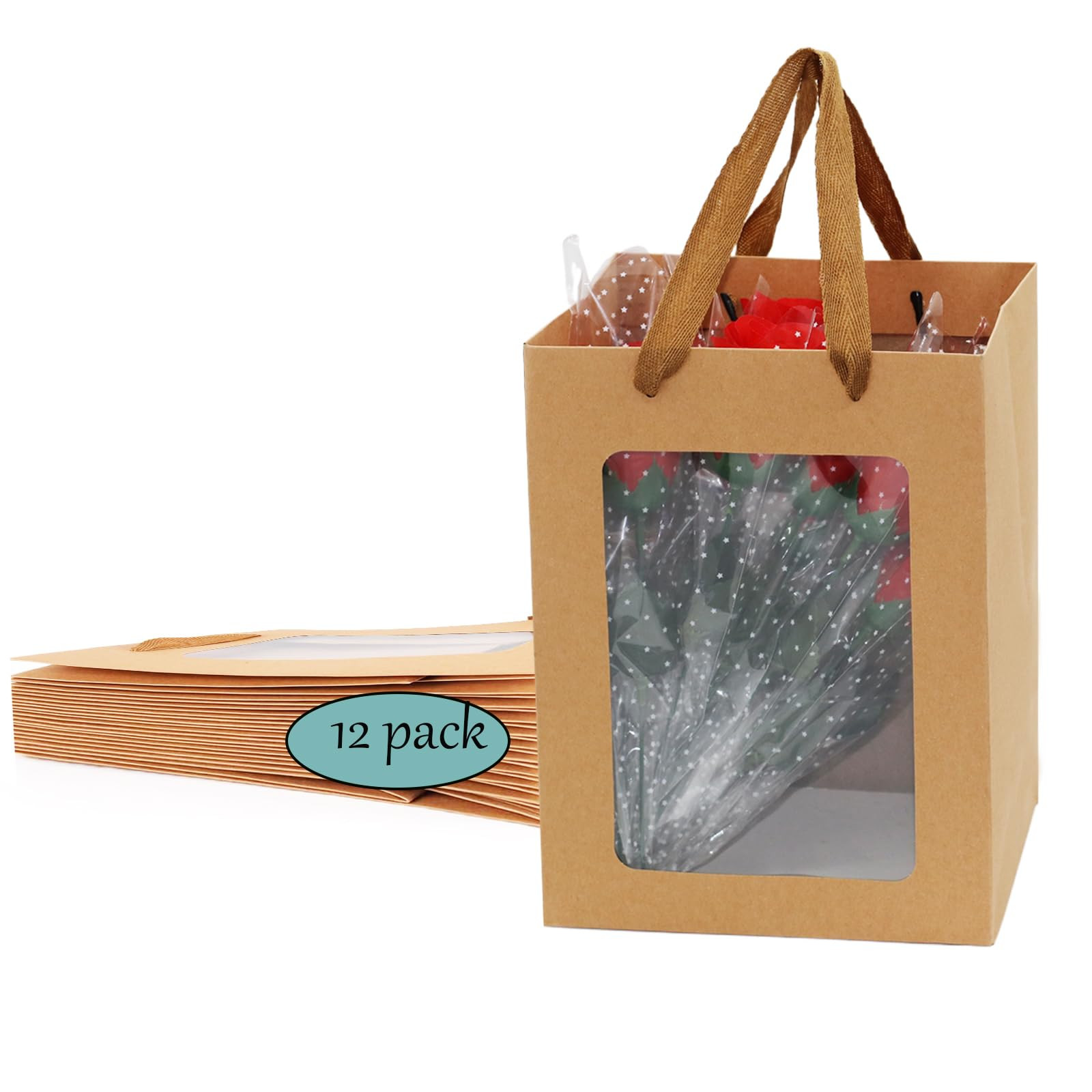 FUGOCOOG 12 Pcs Gift Kraft Paper Bags with Transparent Clear Window 9.8"x7"x5" Party Favor Bags w... | Amazon (US)