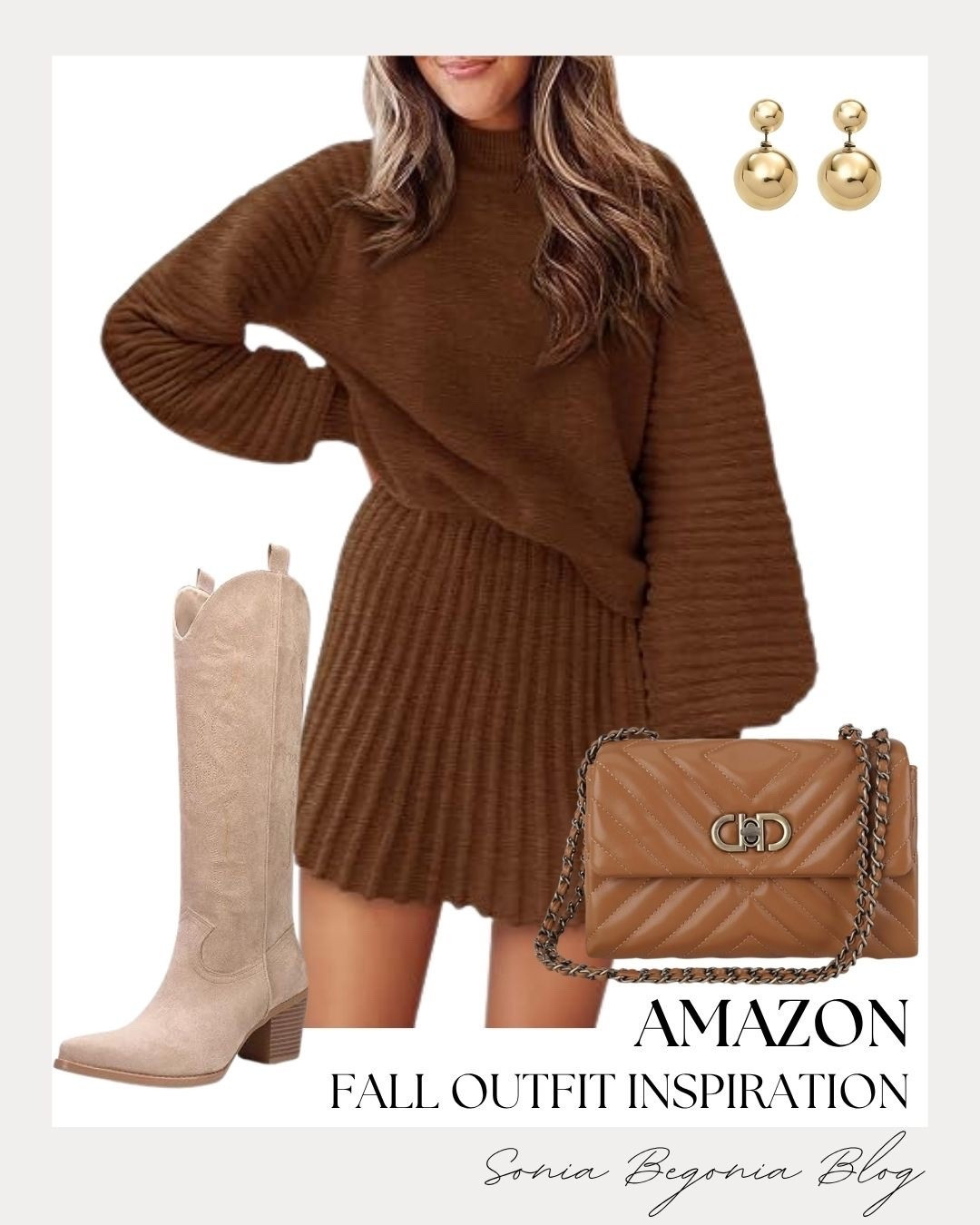 I styled this monochrome brown sweater dress set with beige tall Western boots, a quilted shoulder bag, and gold drop earrings. Perfect cozy look for crisp fall days! 🍂

#AmazonFashion #AmazonFinds #FallOutfit #SweaterDress #WesternBoots #LTKfashion #CozyStyle #FallFashion #LTKunder100 #OutfitInspo #MonochromeLook #FallVibes

#LTKSeasonal #LTKootd