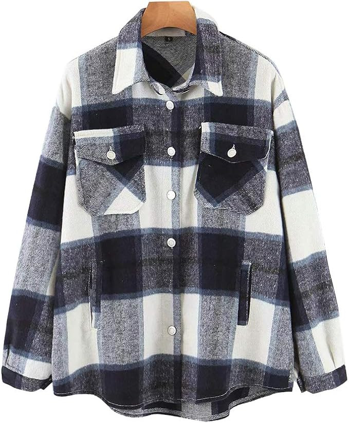Womens Casual Flannel Wool Blend Plaid Lapel Button Down Long Sleeve Shacket Jacket Coat Winter L... | Amazon (US)
