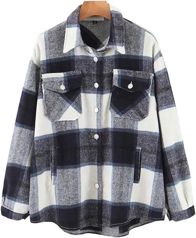 Womens Casual Flannel Wool Blend Plaid Lapel Button Down Long Sleeve Shacket Jacket Coat Winter L... | Amazon (US)