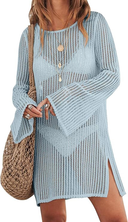 ANRABESS Women Swimsuit Swim Coverup 2024 Long Sleeve Mini Crochet Pool Bathing Suit Swimwear Mes... | Amazon (US)
