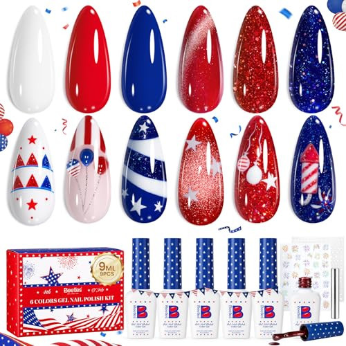 Beetles 4th of July Gel Nail Polish Set, 6 Color Red White Blue Gel Nail Polish with Cat Eye Glitter Colors, Soak Off UV LED Gel Nail for Independence Day Nail Art | Amazon (US)