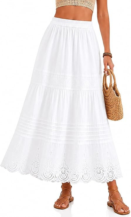 Women’s Cotton Midi Skirt with Elastic Waist Embroidered Eyelet Detail Pintuck Flowy A Line Boh... | Amazon (US)