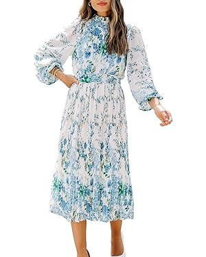 ANRABESS Women's Floral Midi Dress Puff Long Sleeve Casual Ruffle Chiffon A-Line Swing Pleated Be... | Amazon (US)