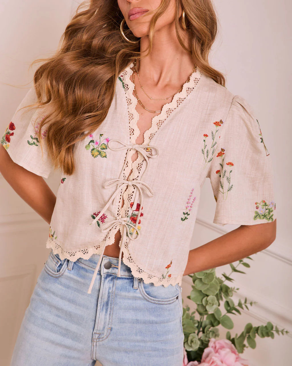 Bloom Break Embroidered Floral Tie Front Top | VICI