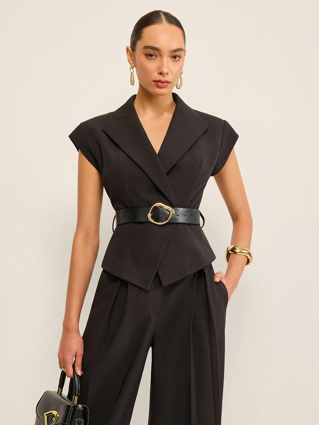 Belted Peplum Vest with Metal Buckle Detail | Commense