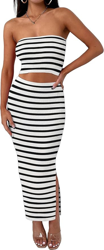 ANRABESS Women 2 Piece Outfits Maxi Skirt Sets 2025 Summer Ribbed Knit Tube Crop Tops Sexy Bodyco... | Amazon (US)