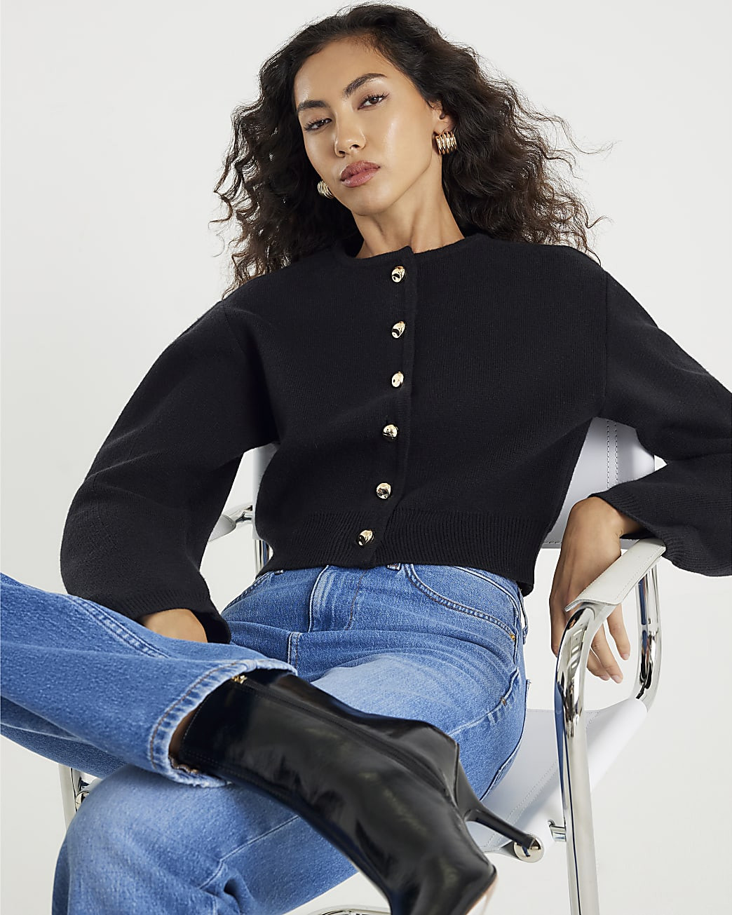 Black Knitted Structured Sleeve Cardigan | River Island UK & IE