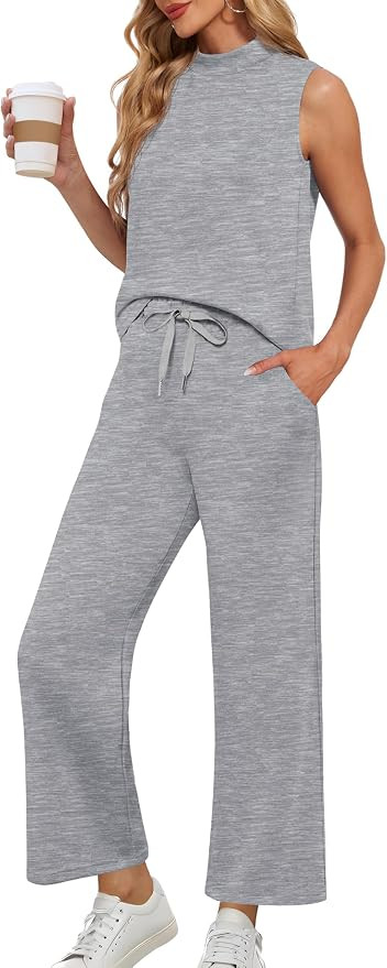 Lepunuo Two Piece Sets for Women Summer Mock Neck Sleeveless Top Crop Wide Leg Pants Lounge Sets ... | Amazon (US)