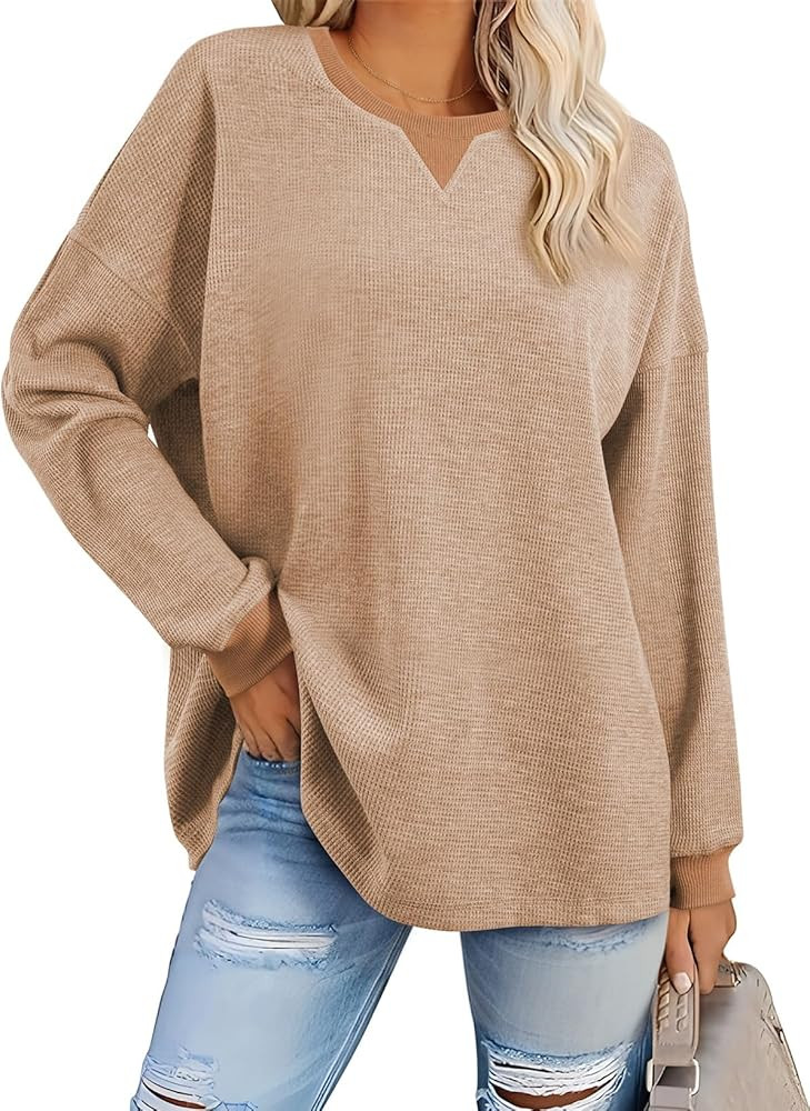 AlvaQ Womens Oversized Sweatshirts 2024 Casual Crewneck Long Sleeve Waffle Knit Tops Pullover Jum... | Amazon (US)