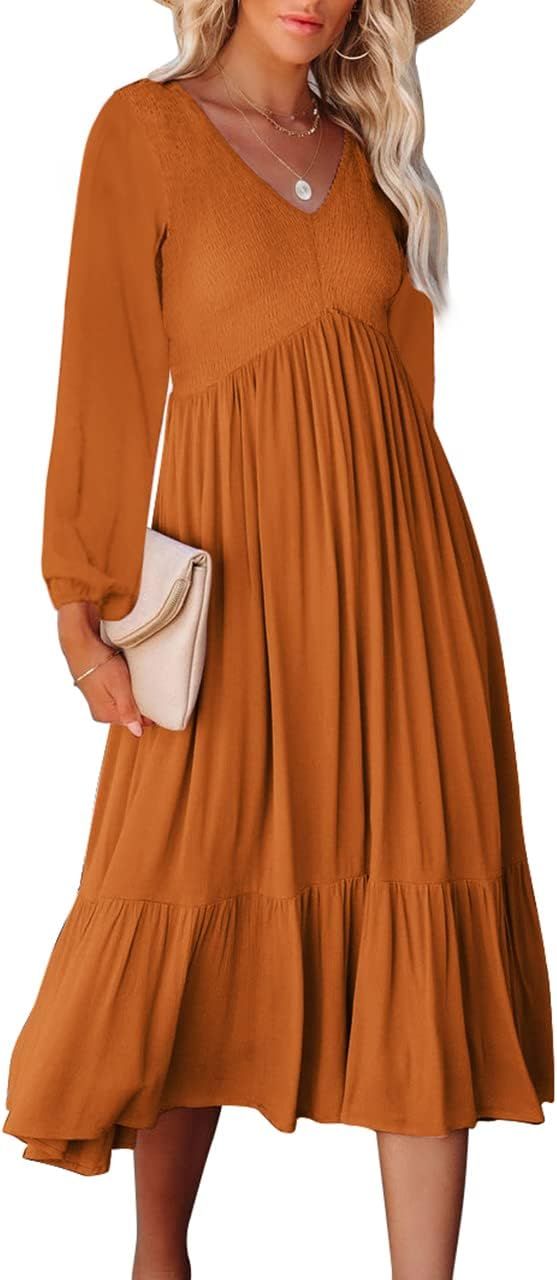 Zwurew Women's Dress V Neck Smocked Midi Dress Long Sleeve A Line Long Dress | Amazon (US)