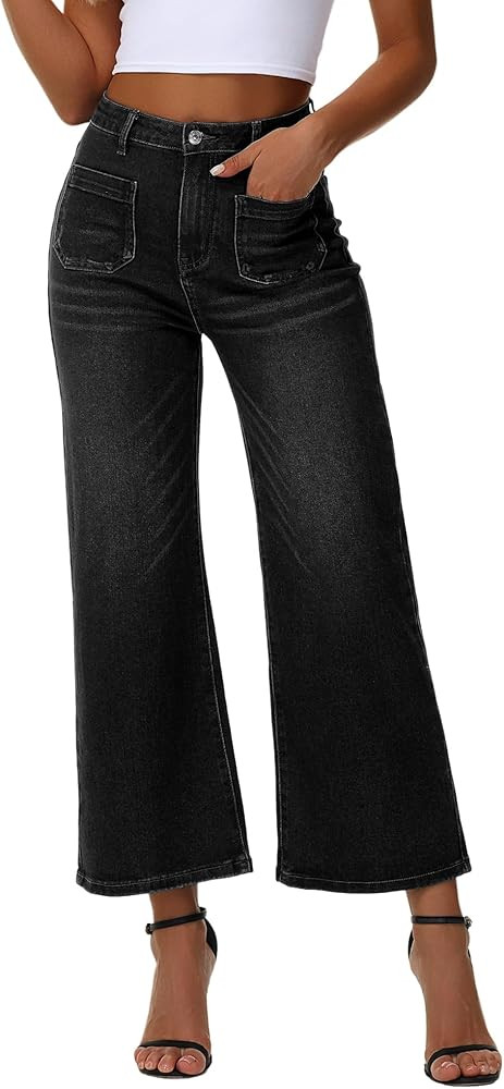 Genleck Women's Wide Leg Jeans – Cropped High Waisted Petite Trendy Jeans Button Stretchy Capri... | Amazon (US)