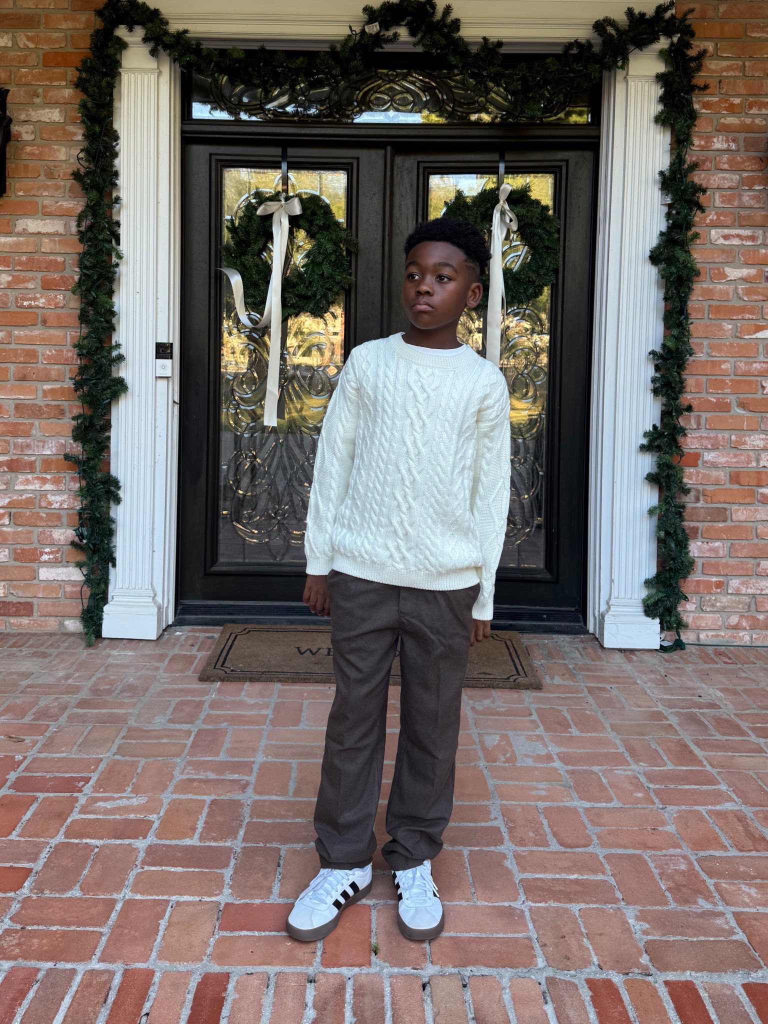 Boys cream sweater, brown trousers - kids holiday photo outfit 

#LTKKids #LTKootd #LTKHoliday