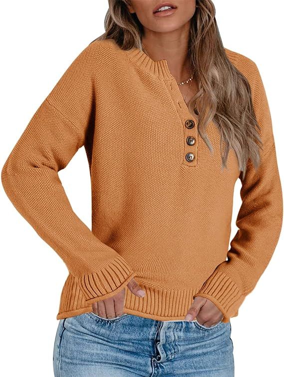 Saudacdn Women's Casual V-Neck Button Down Long Sleeve Ribbed Knit Loose Henley Tunic Sweaters Fa... | Amazon (US)