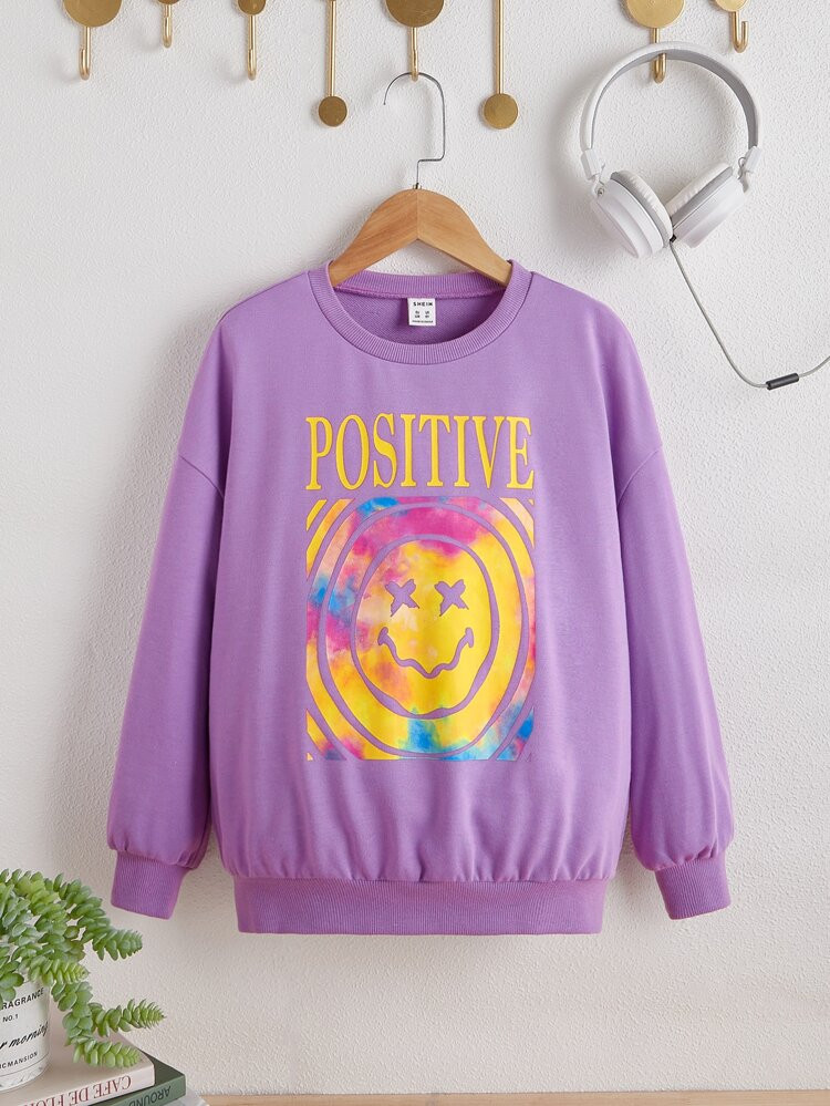 SHEIN Girls Letter & Cartoon Graphic Drop Shoulder Pullover | SHEIN