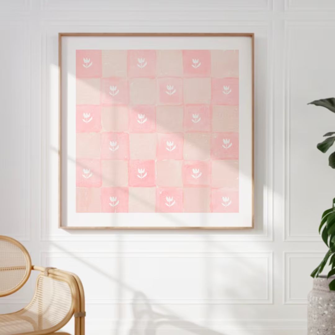 Pink Watercolor Checkered Square Print, INSTANT Digital Downloadable Wall Art, Trendy Decor, Flor... | Etsy (US)