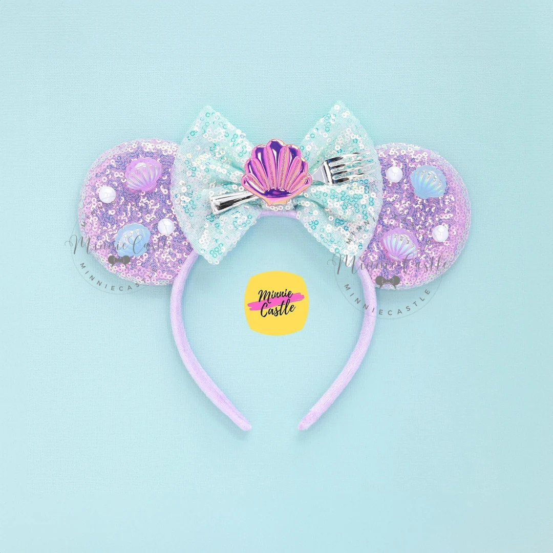 Mermaid Mouse Ears with Fork | Seashell Pearl Lavender Sequin Aqua Bow | Magic Theme Park Accesso... | Etsy (Global)
