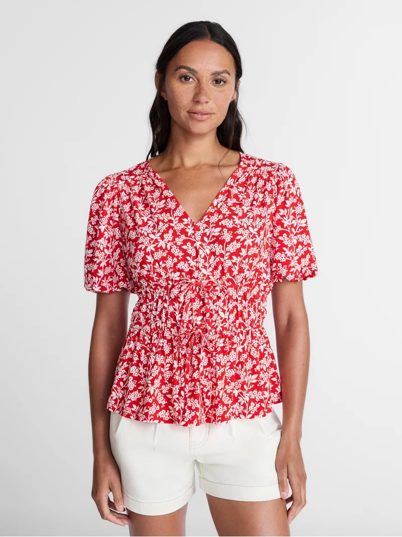 Time and Tru Women's and Women's Plus V-Neck Shirred Peplum Top, Sizes XS-XXXL - Walmart.com | Walmart (US)