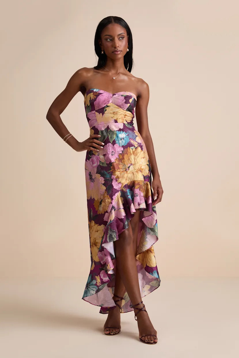 Blushing Darling Plum Multi Floral Strapless High-Low Maxi Dress | Lulus