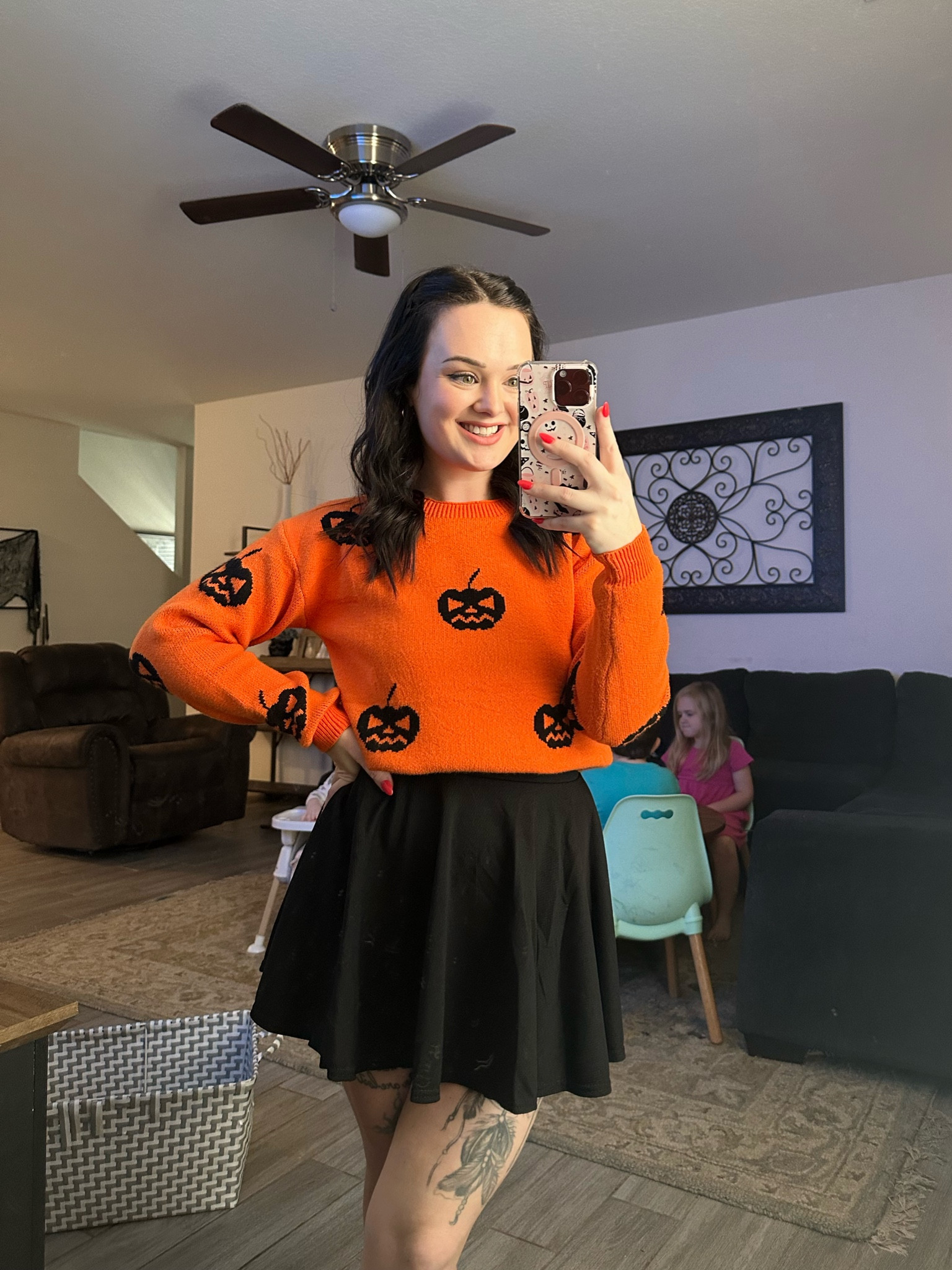Cute little Halloween sweater and black mini skirt from Amazon. Runs TTS. 

#LTKFindsUnder50 #LTKSaleAlert #LTKSeasonal