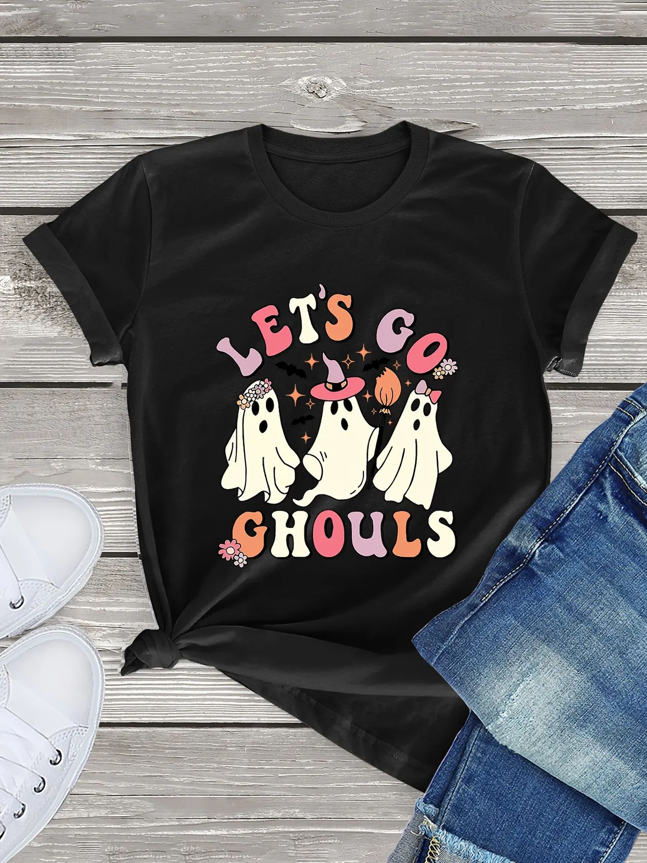 Let's Go Ghouls & Ghost Outfit Print T-shirt, Casual Short Sleeve Top For Spring & Summer, Women'... | Temu Affiliate Program