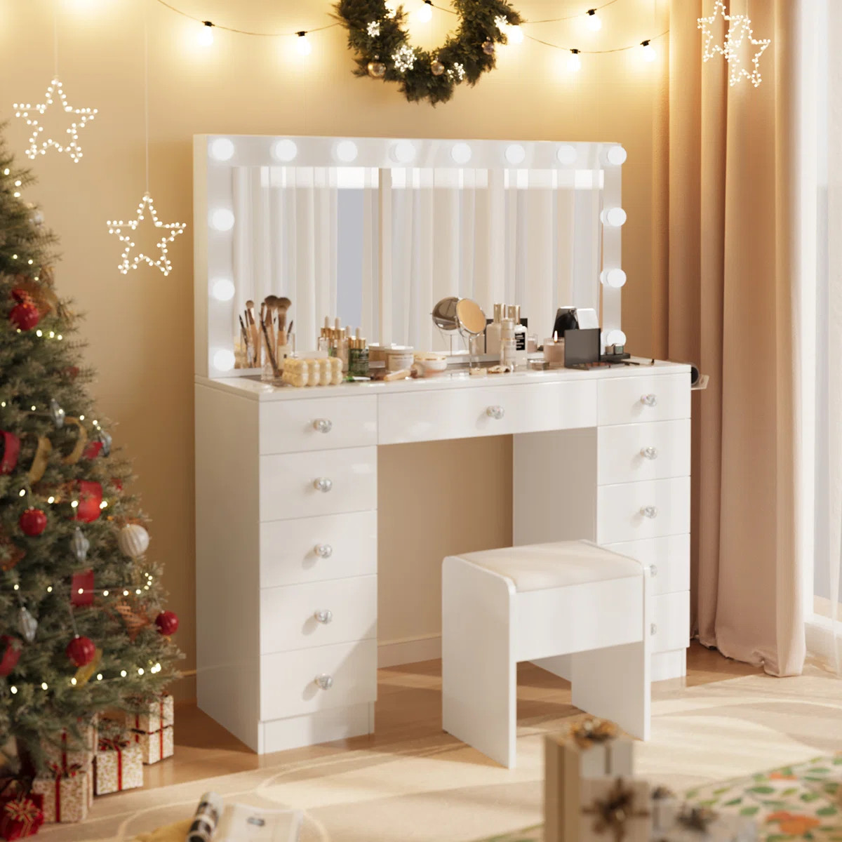 Greyden Modern Makeup Vanity Set with Glass Top | 11 Drawers & Built-in Outlets | Drawers with LE... | Wayfair North America