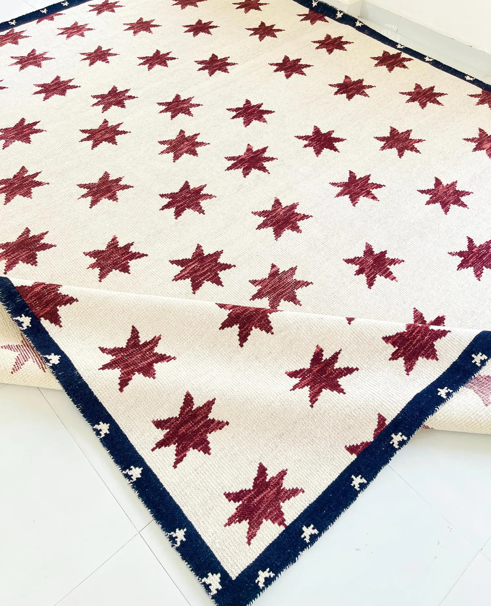 Hand Knotted Wool Star Rug, Ivory Red Blue Area Rug, Scandinavian Modern Carpet | Etsy (Global)
