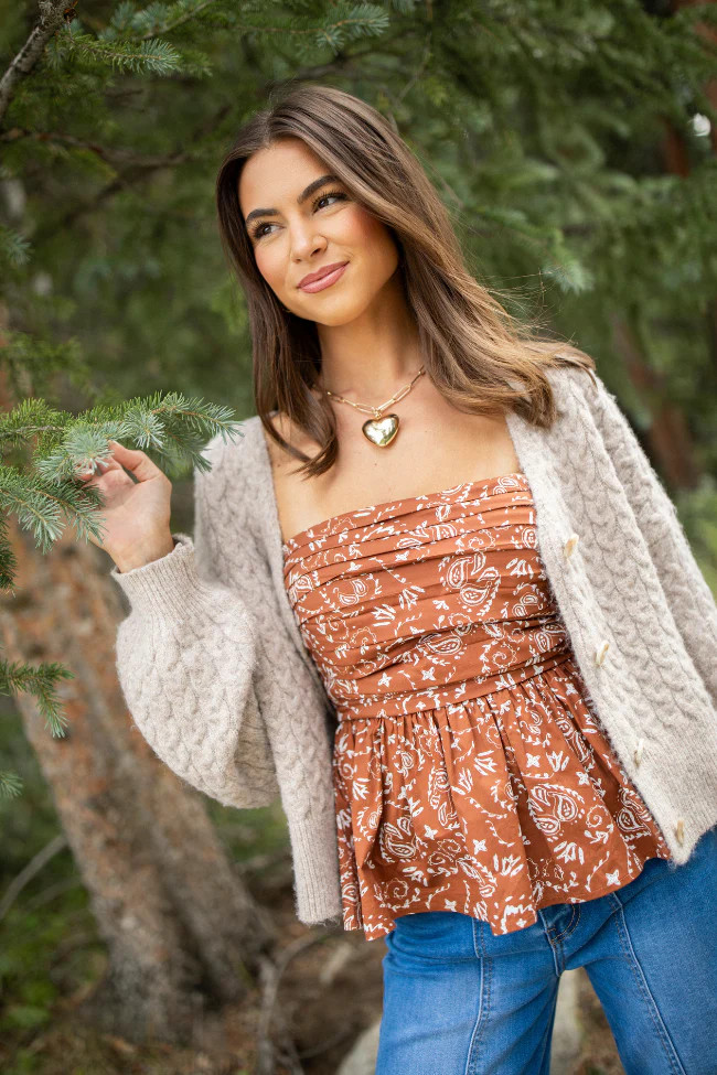 Kassidy Brown Ruched Bust Strapless Top | Pink Lily