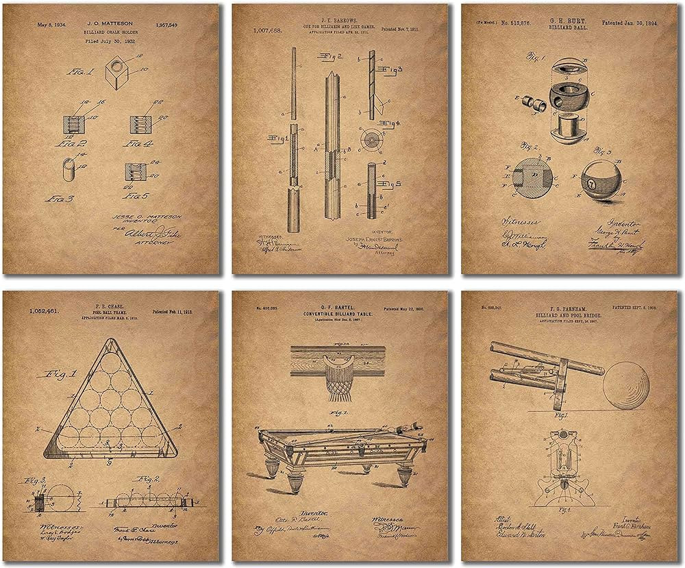 Billiards Patent Wall Art Prints - Set of 6 Vintage Pool Historical Photos | Amazon (US)