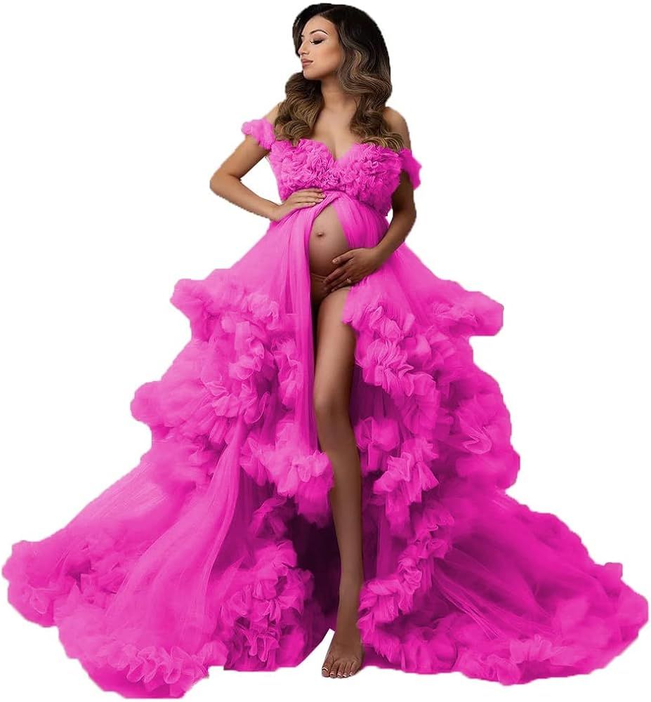 NNagrace Tulle Maternity Dress for Photoshoot Puffy Ruffles Bathgown Long Bridal Lingerie Bathgow... | Amazon (US)