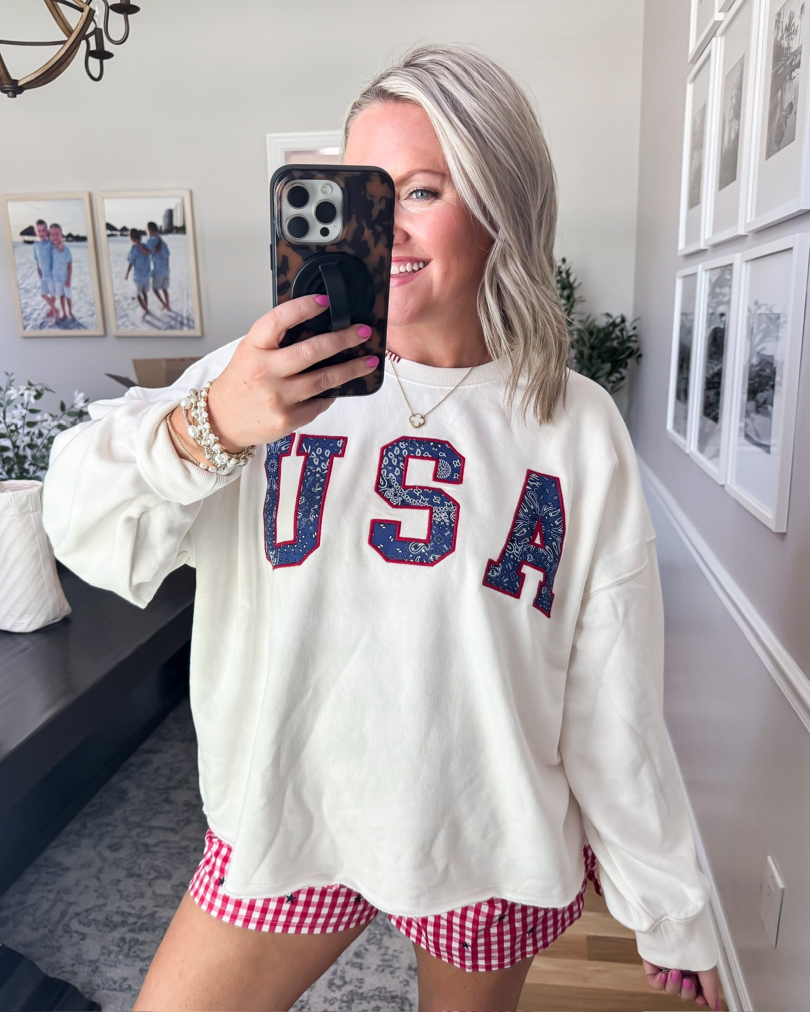 Perfect for all your Fourth of July plans 🇺🇸 This USA sweatshirt paired with gingham shorts is the cozy patriotic outfit you’ll be reaching for all summer long.

USA sweatshirt, Fourth of July outfit, patriotic style, red white and blue, summer outfit, holiday weekend look, casual outfit, gingham shorts, Americana fashion, summer style, cute graphic sweatshirt, festive outfit, lovelylifestyling

#LTKSeasonal #LTKOver40 #LTKTravel