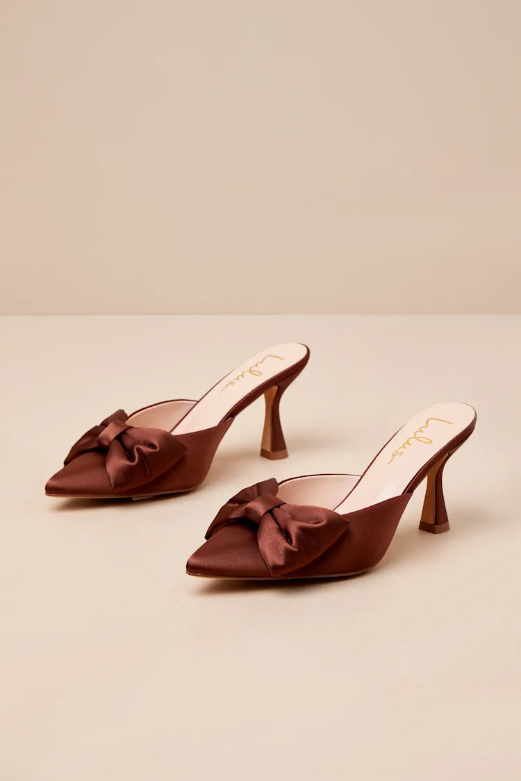 Bettanie Chocolate Satin Bow High Heel Mules | Lulus