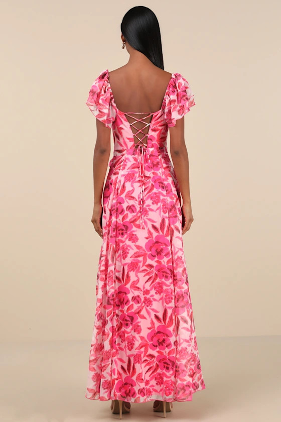 Sensationally Sweeter Bright Pink Floral Ruffled Maxi Dress | Lulus