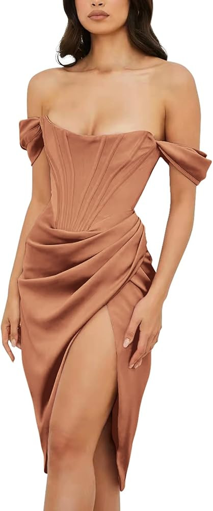 IWEMEK Womens Off Shoulder Split Bustier Corset Satin Dress Strapless Backless High Slit Bodycon ... | Amazon (US)