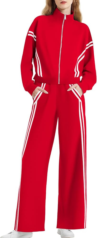 Women's 2 Piece Lounge Outfits Zip Up Sweat Set Contrast Striped Wide Leg Jogging Pants Travel Tr... | Amazon (US)